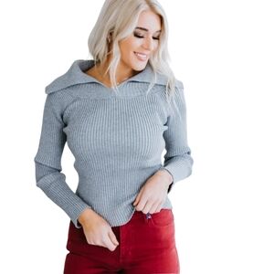 PROMESA Sweater Womens Size Small Gray Ribbed Knit Off Shoulder Collar Ribbed